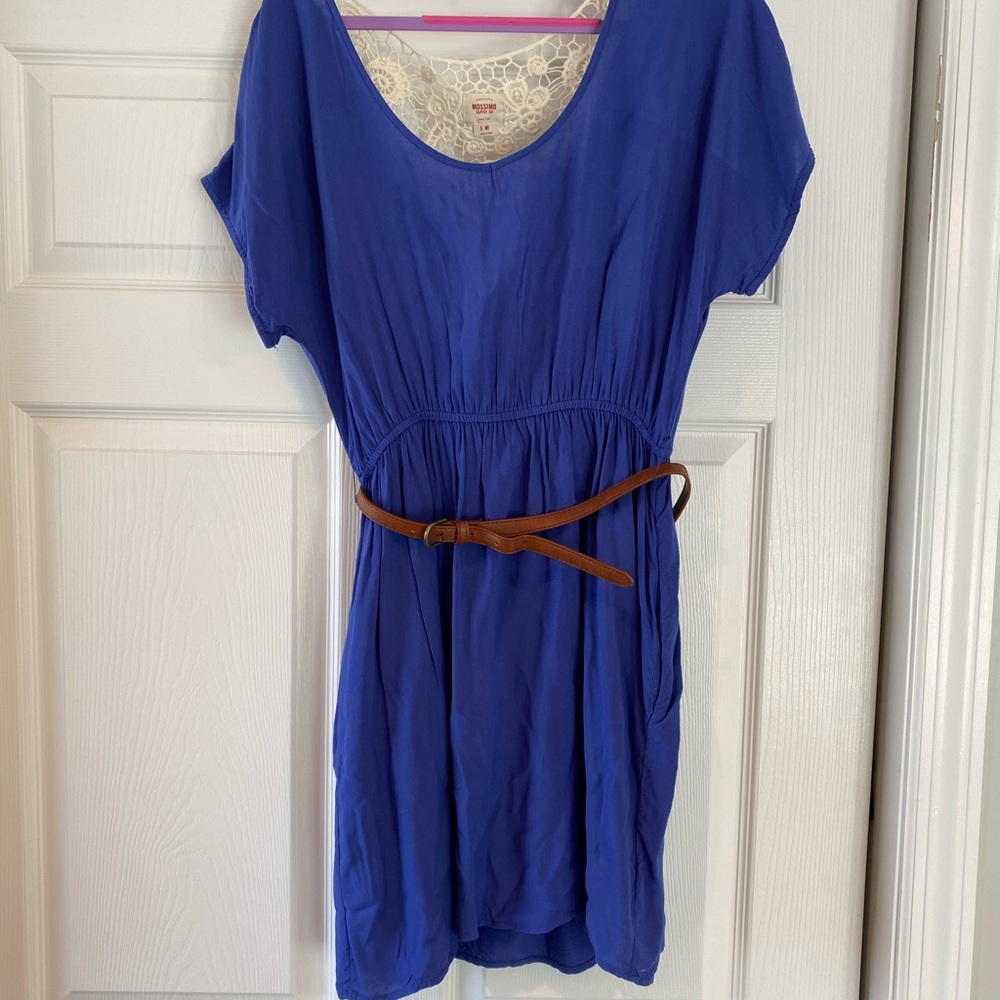 Blue short dress with belt & crochet back